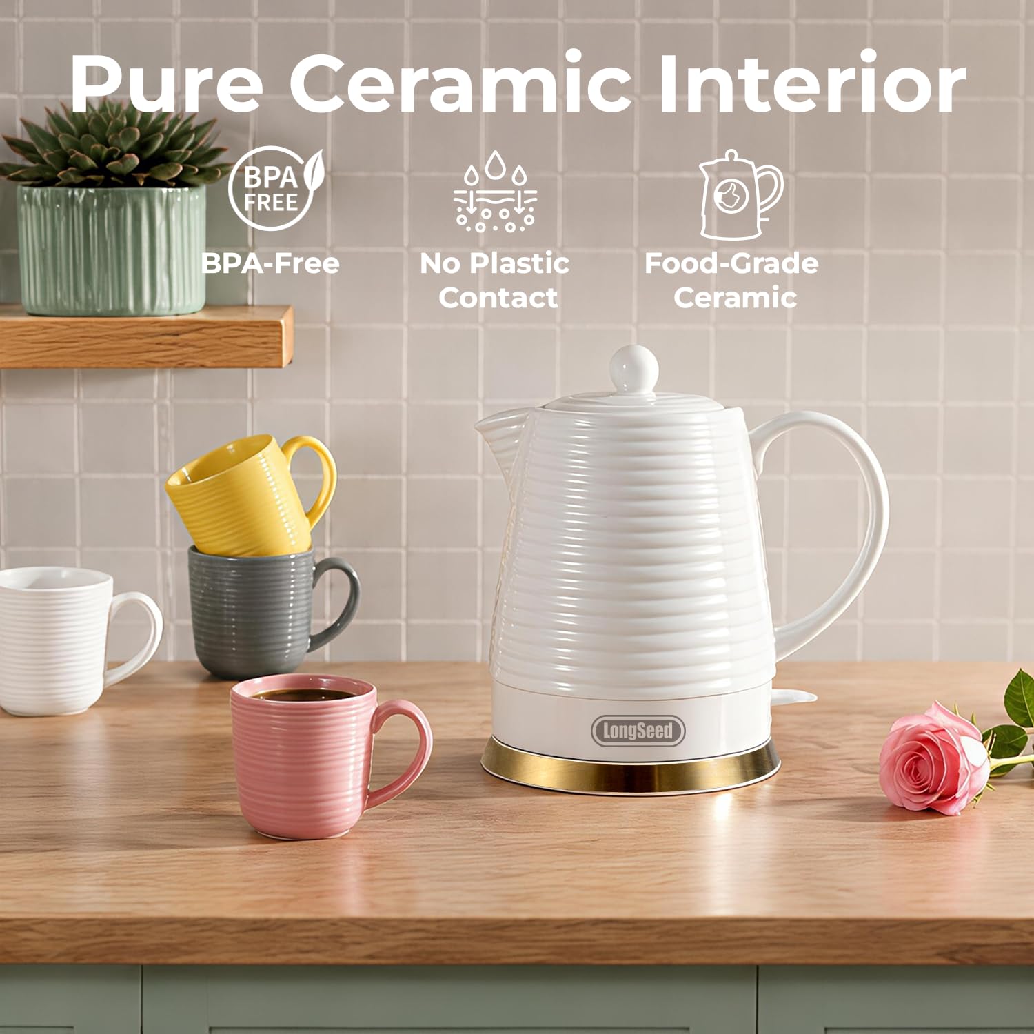 Set bollitore elettrico in ceramica, con infusore e tazze (bianco)