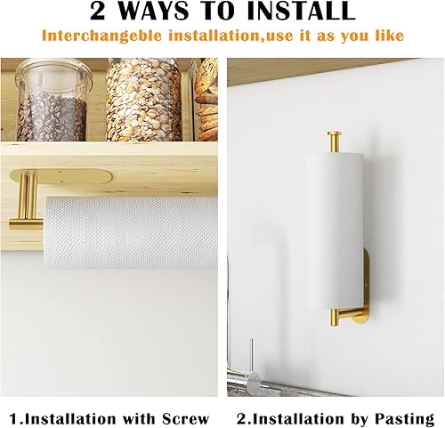 Miniatura 5 de Soporte para toallas de papel debajo del gabinete, autoadhesivo o perforado, soporte para rollos de papel para cocina, dorado (2 piezas)