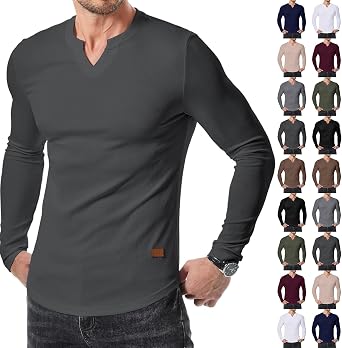 V Neck Long Sleeve Shirts for Men Tapered Henley Cotton T-Shirts Pullover Slim Fit Muscle Longline Ribbed Tee Shirts