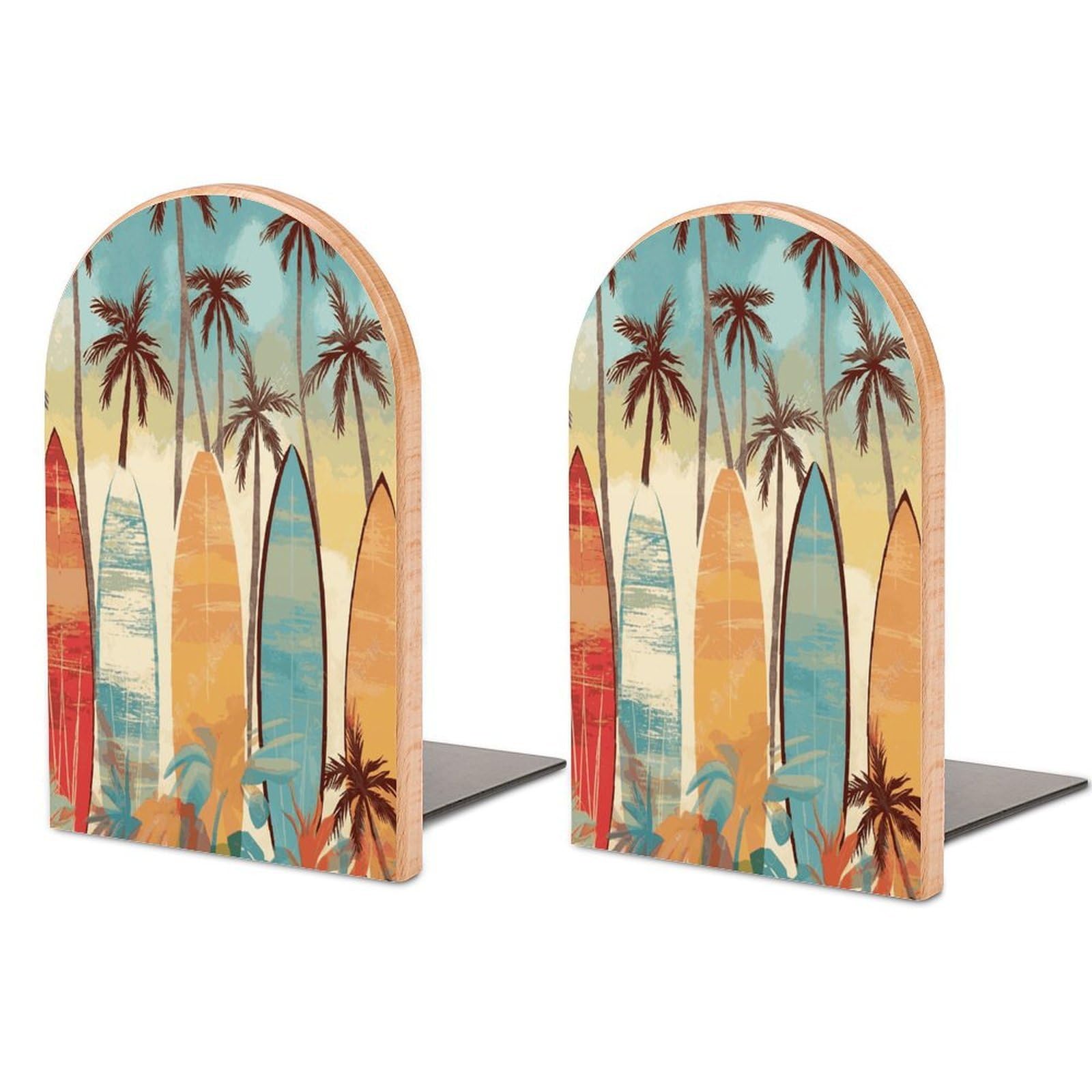 Surfboard Palm Tree Bookend for Shelves Non-Skid Book Holder Modern Heavy Duty Bookend Stopper Metal Base Wood Book End Books Shelf Holder Home Decorative 1pair 5x3.9x3.1