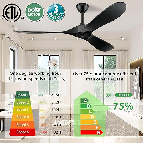 Miniatura 9 de Ventilador de techo de madera de 70 pulgadas sin luz, ventiladores de techo con 3 aspas y varillas inferiores, 6 velocidades, motor de CC,