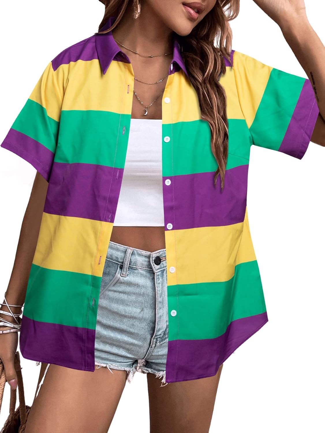 Mardi Gras Shirts Fat Tuesday Outfit: Women Carnival Themed Mask Tee Party Holiday T-Shirt Purple Button Up Tops