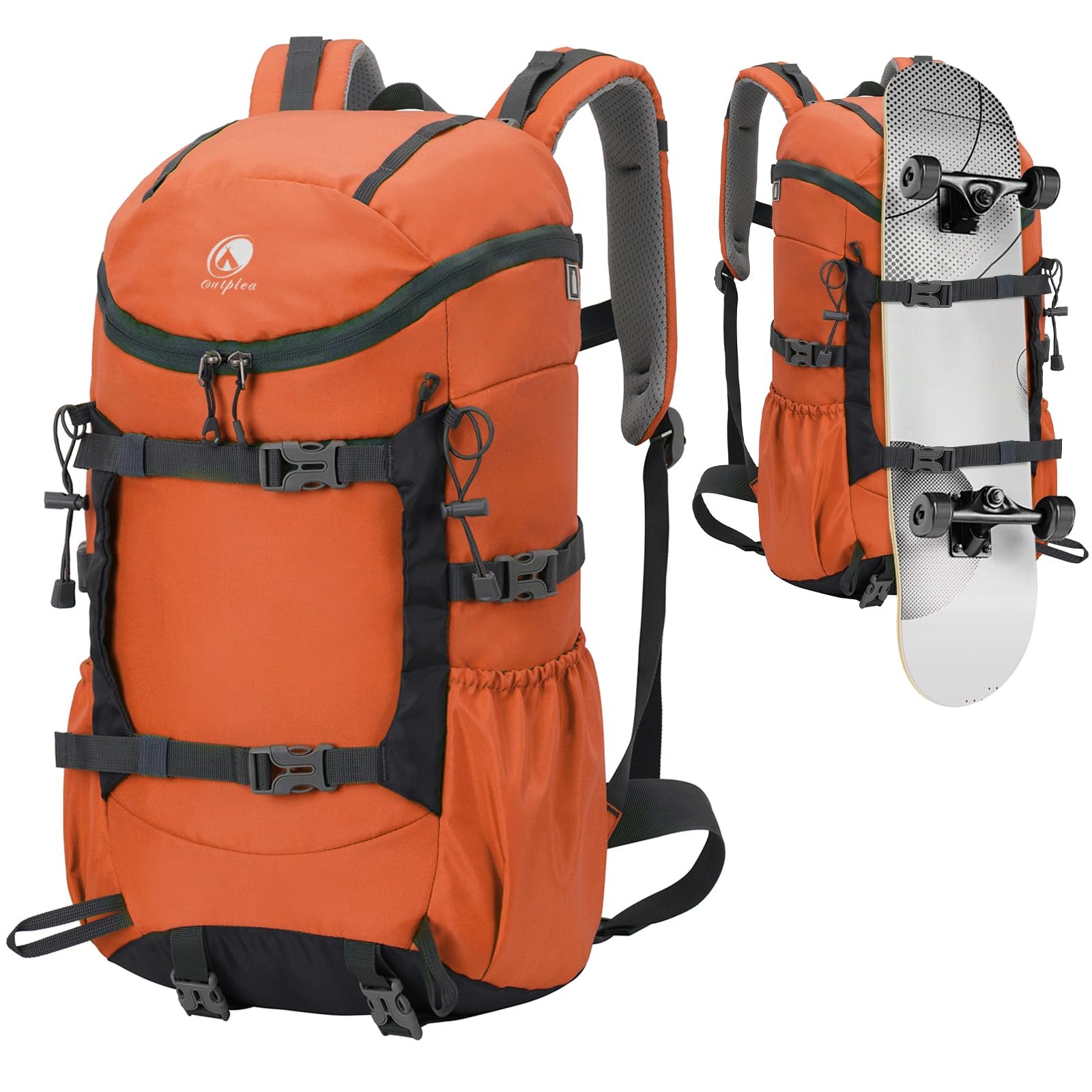 Outplea 30L Skateboard Backpack with Carrier, Waterproof Hiking Backpak with Multiple Pockets for Outdoor Camping Travel, Orange