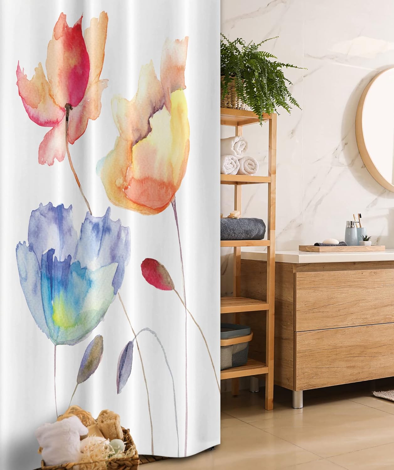 Ambesonne Watercolor Flower Stall Shower Curtain, Summer Flowers in Retro Style Painting Effect Nature is Art, Fabric Bathroom Decor Set with Hooks, 36" W x 72" L, Orange Blue Red