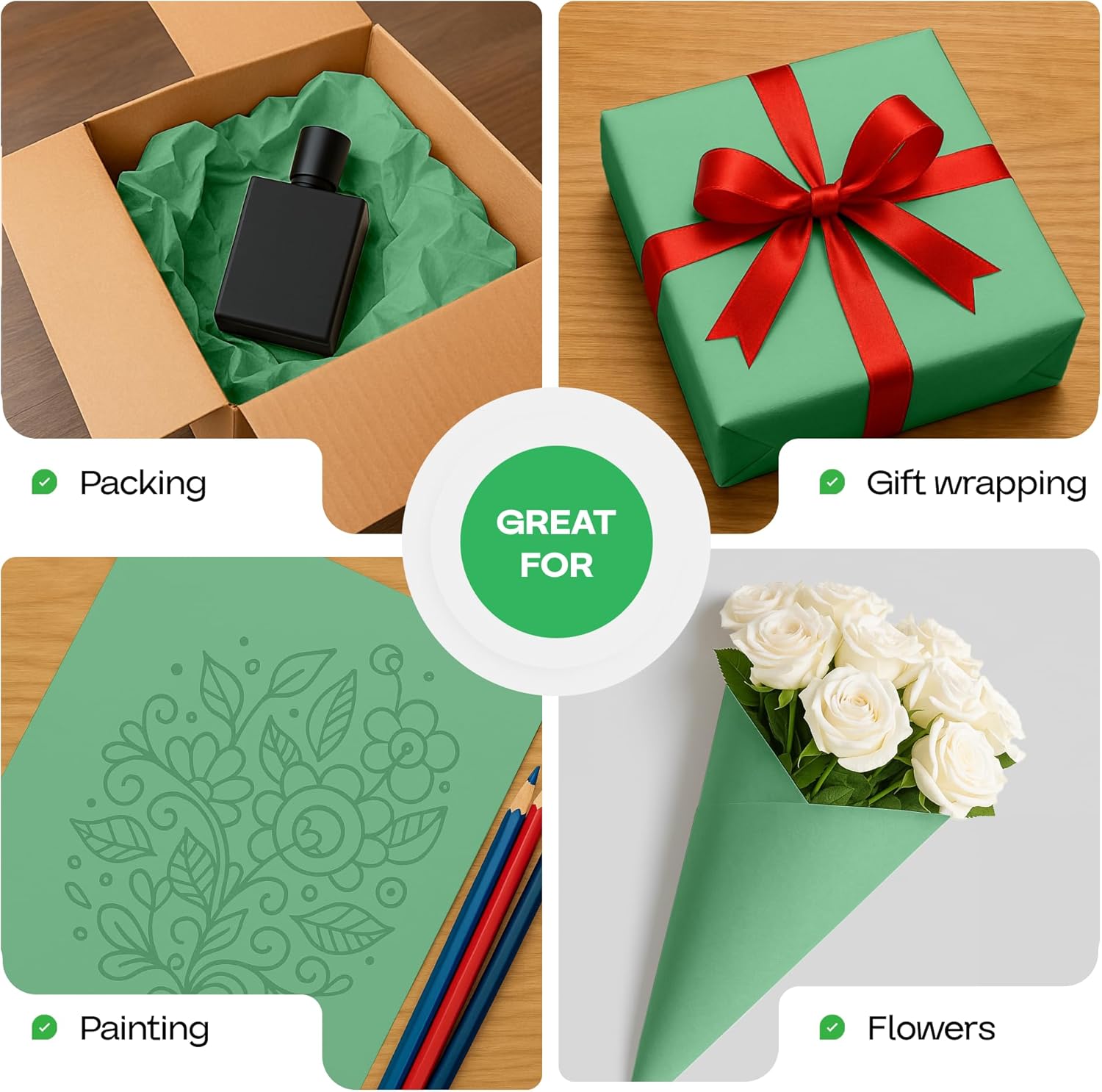Christmas Green Kraft Paper Roll 24" x 1200" (100 ft) with Cutter - USA-Made Gift Wrapping Paper for Packing, Moving, Shipping & Crafts/Arts - 100% Recyclable Natural Craft Material by IDL Packaging