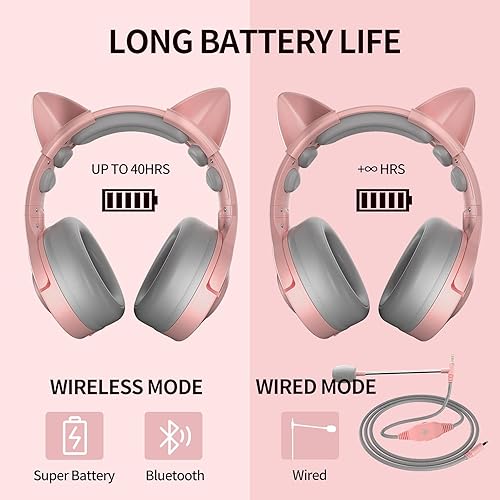 Miniatura 8 de PHOINIKAS Auriculares inalámbricos para juegos con bonitas orejas de gato con cable para PS5 PS4 PC Nintendo Switch Q9 sobre la oreja con micrófono