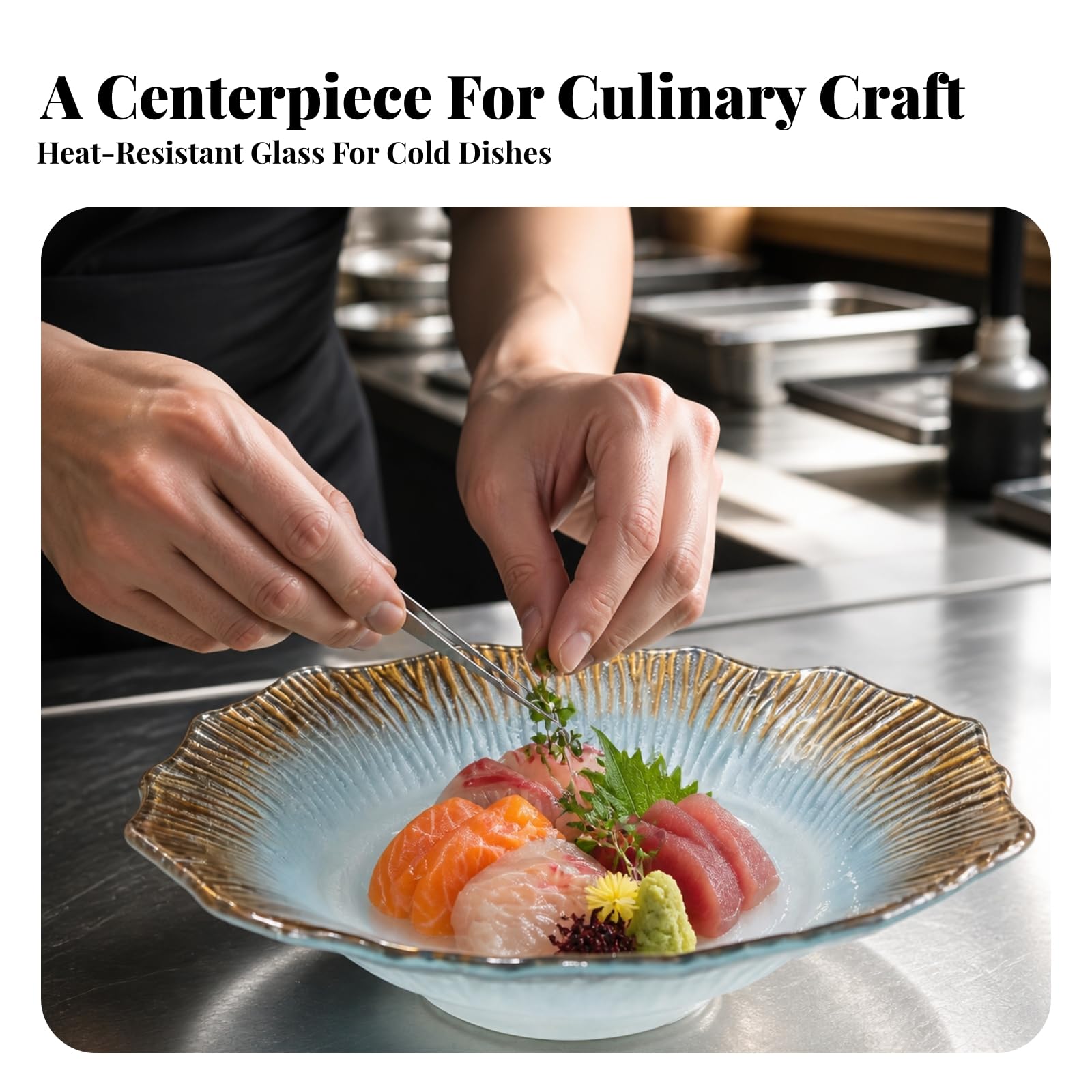 Plat en Verre avec Bord Doré Robuste, Bord Doré, Dégradé Bleu, Modèle 1 Petit Format, Petit Format — Diamètre 34 Cm, Hauteur 8 Cm