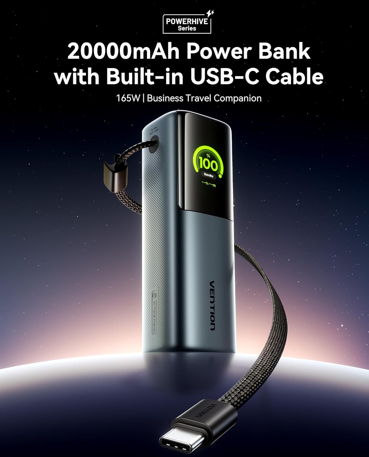 VENTION Powerhive Laptop Power Bank, 165W 20000mAh, Built-in and Extra 240W USB-C Cables, Portable Laptop Charger, Digital Display, for iPhone 17/16/15/14/13 Pro Max, MacBook, Dell, HP, Galaxy S24