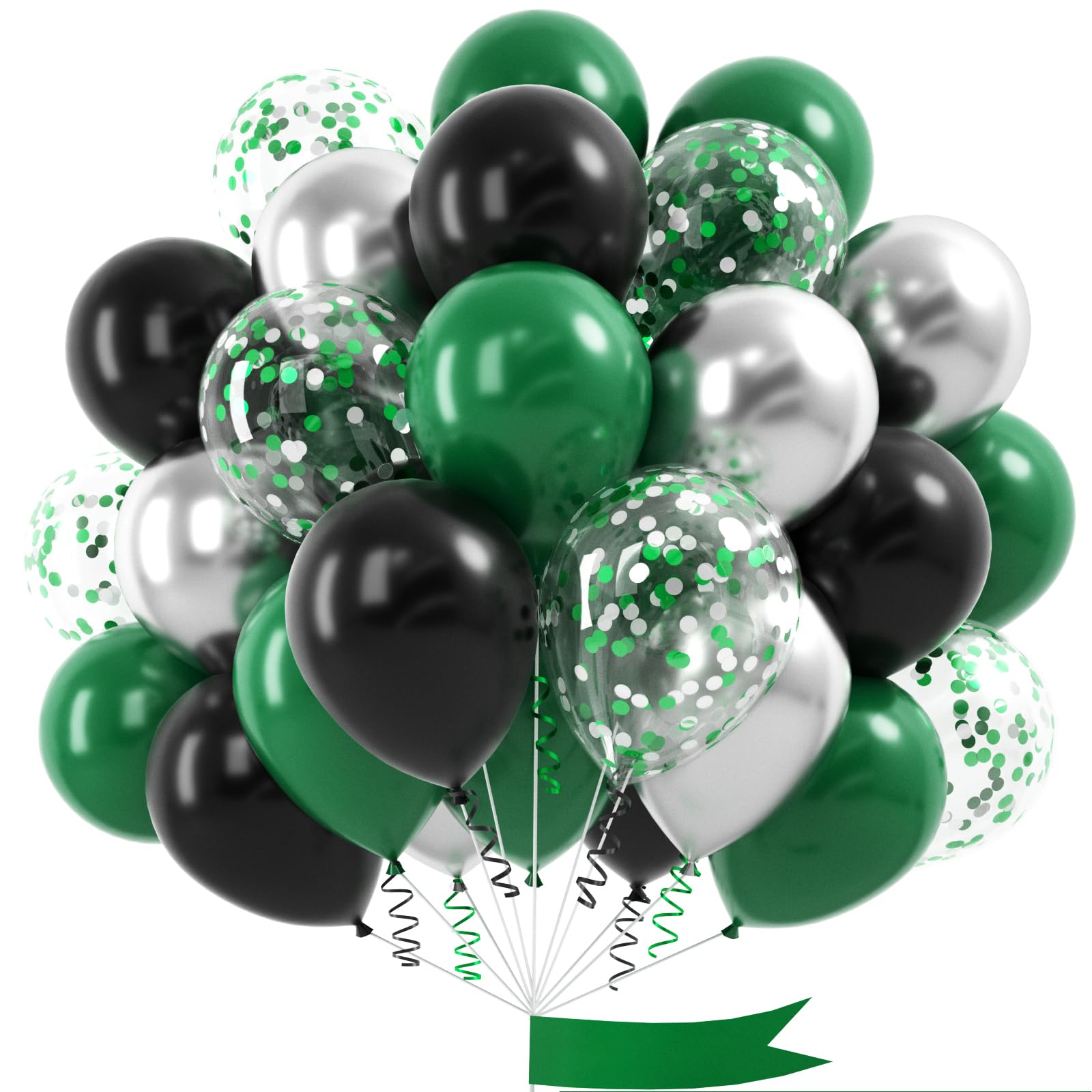 Dark Green Black Silver Balloon, 60 Pcs 12 Inches Silver Green Black Confetti Balloons for Boys Men Football Video Gamer Soccer Army Graduation Baby