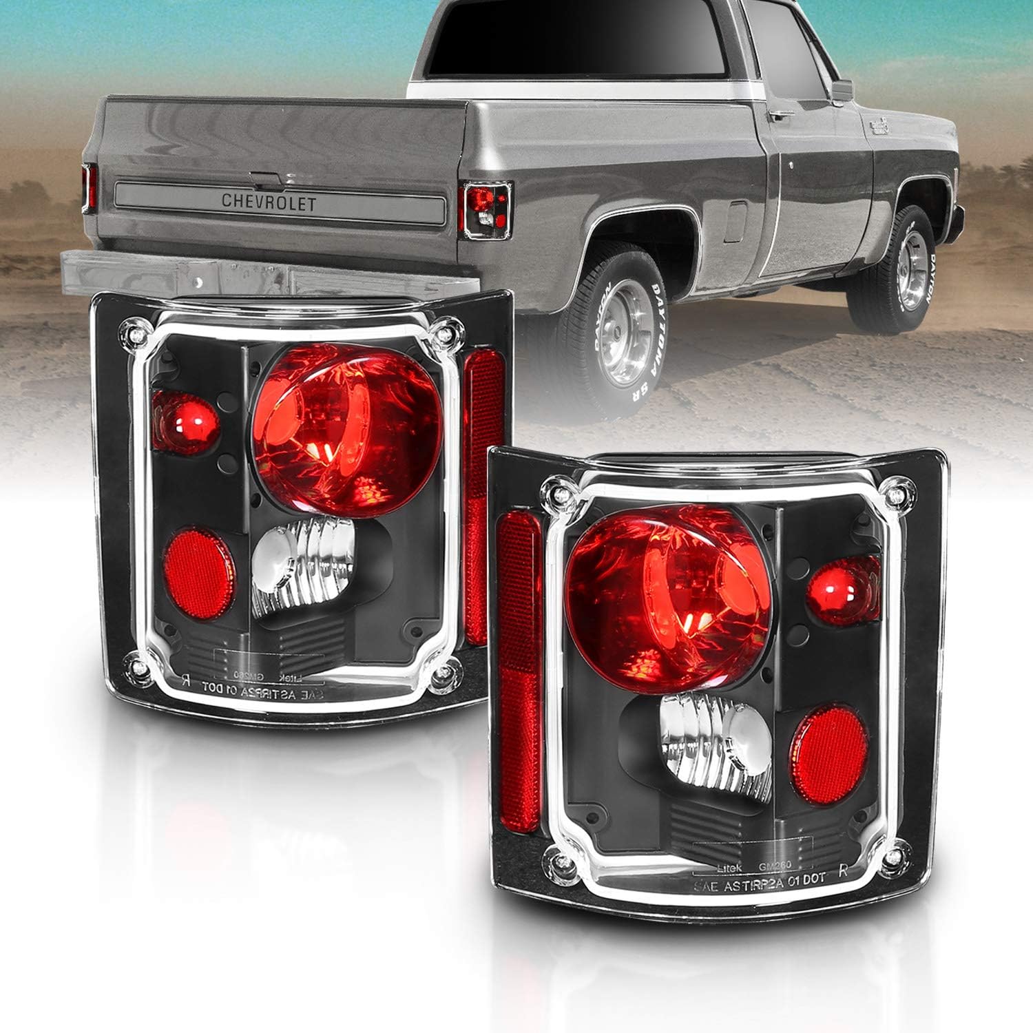 Black Housing Replacement Tail Lights Assembly Set For 1973-1991 Chevy GMC Full Size 1500 2500 3500 Pickup - Passenger and Driver Side