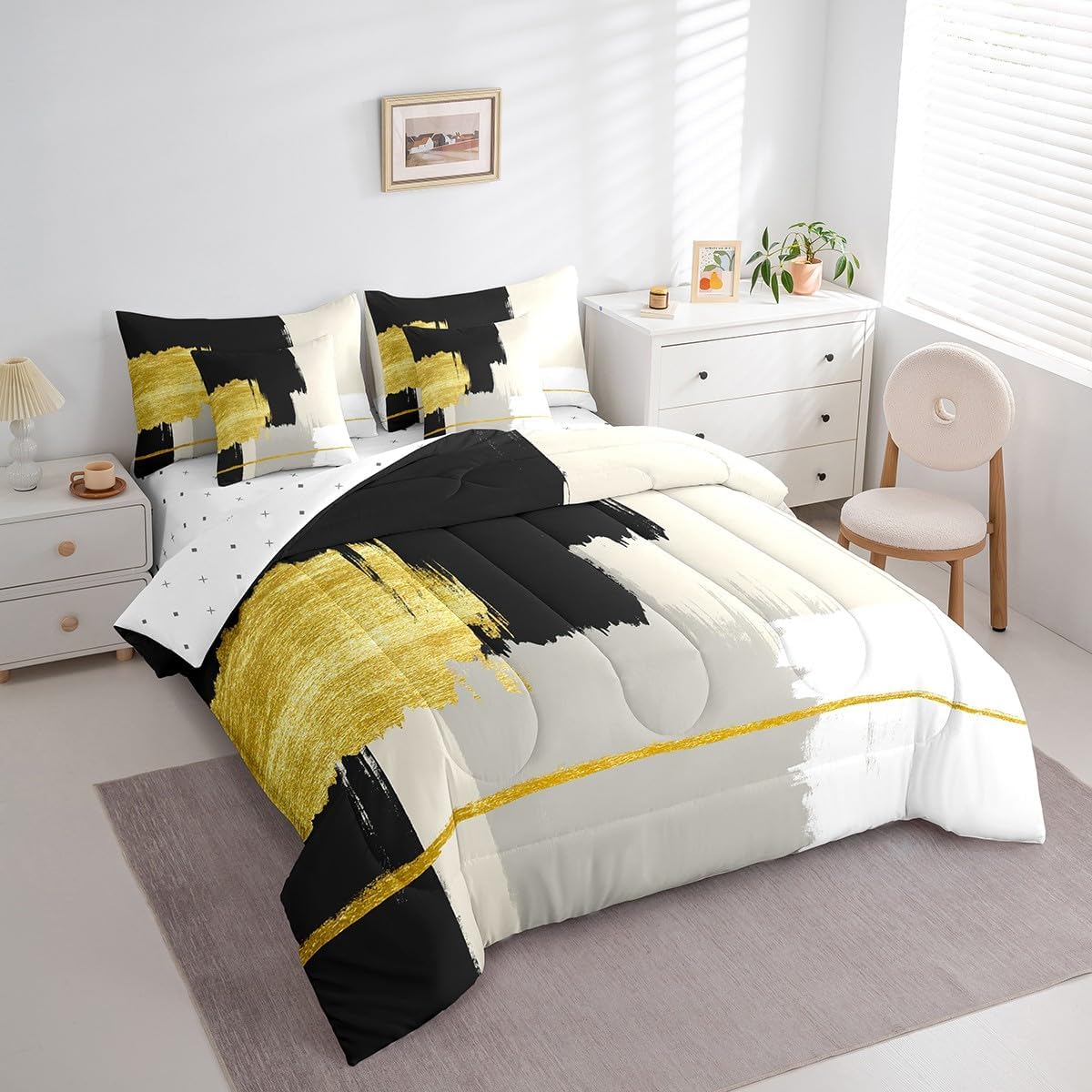 Feelyou Kids Black Gold 7 Piece Bedding Set Queen Size Geometric Abstract Art Comforter Set with Sheets for Boys Girls Modern Abstract Bed in a Bag