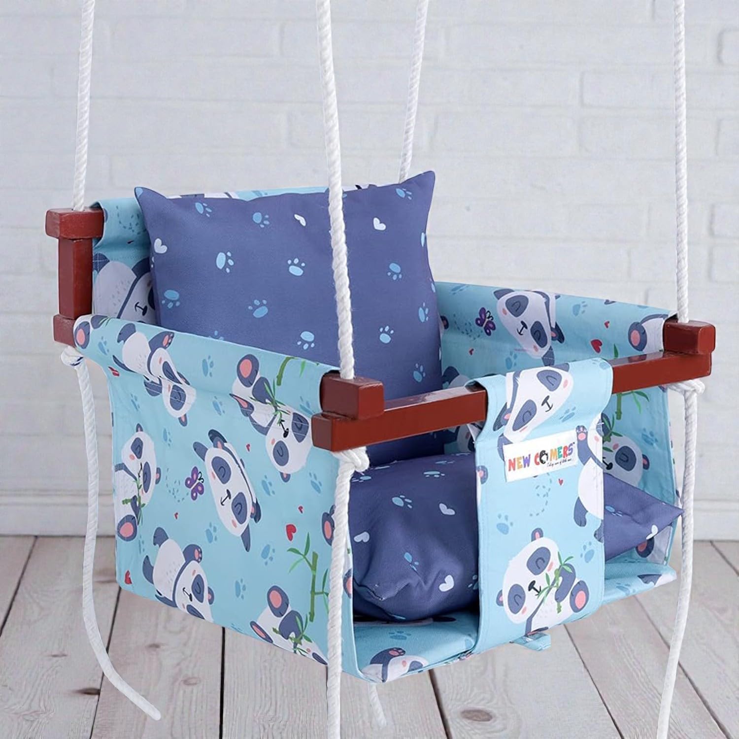 NEW COMERS® Cotton Swing for Kids, Jhula for Baby, Baby Swing Hanging Indoor Outdoor, Baby Garden Swing with Safety Belt & 2 Pillows (6 Months to 4 Years) (Up to 20 kg)-Blue-Purple (TC 150/300) 907