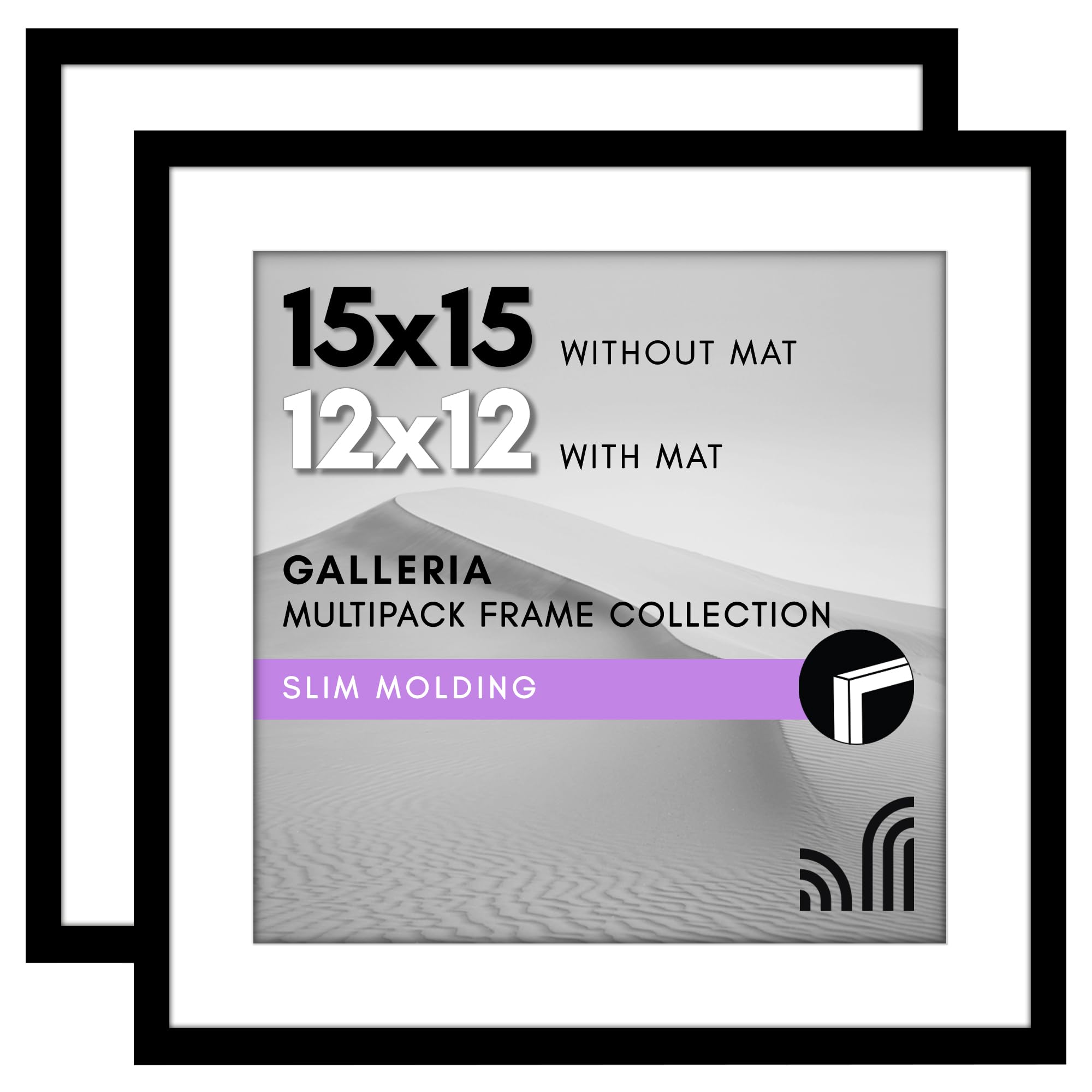Americanflat 15x15 Picture Frame in Black - Set of 2 - Use as 12x12 Picture Frame with Mat or 15x15 Frame Without Mat - Gallery Wall Frame Set with Plexiglass Cover and Hanging Hardware