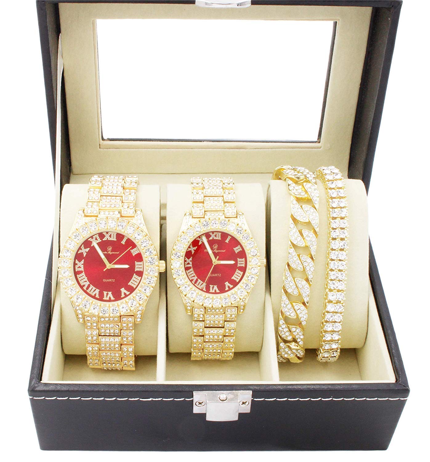 Bling'ed Out King and Queen Hip Hop Watch Set Perfect for Power Couples to Flaunt On and Off The Dance Floor - ST10325/ST10364 His&Hers (ST10327GldRed)