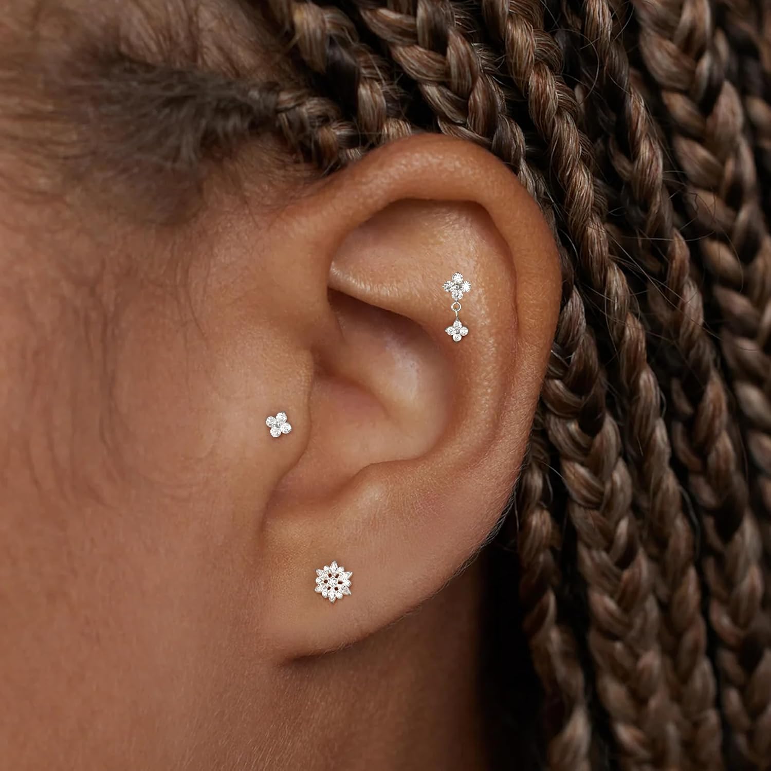 Flat Back Cartilage Earrings For Women Stud Tragus Helix Nose Piercing Jewelry Conch Threadless 18G Titanium Surgical Steel Hypoallergenic Gold CZ Silver 14K Small Tiny Flower Studs - Image 3