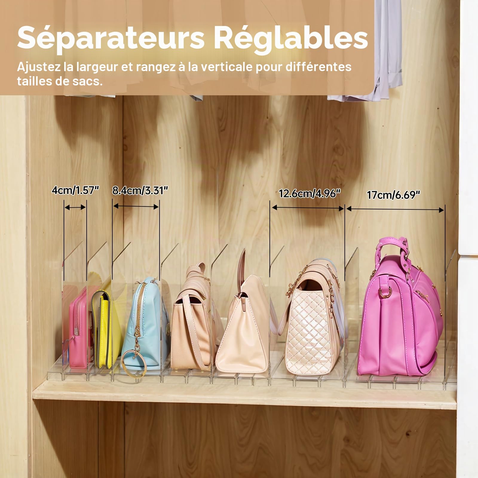 PAVSTINE Rangement sac à Main Apilable, 8 Compartimentos Séparateur d'étagères Transparent Amovible, Étagère de Rangement Pour Sacs Multifuncional, Organisateur sac à Main Convient Chambre et Bureau