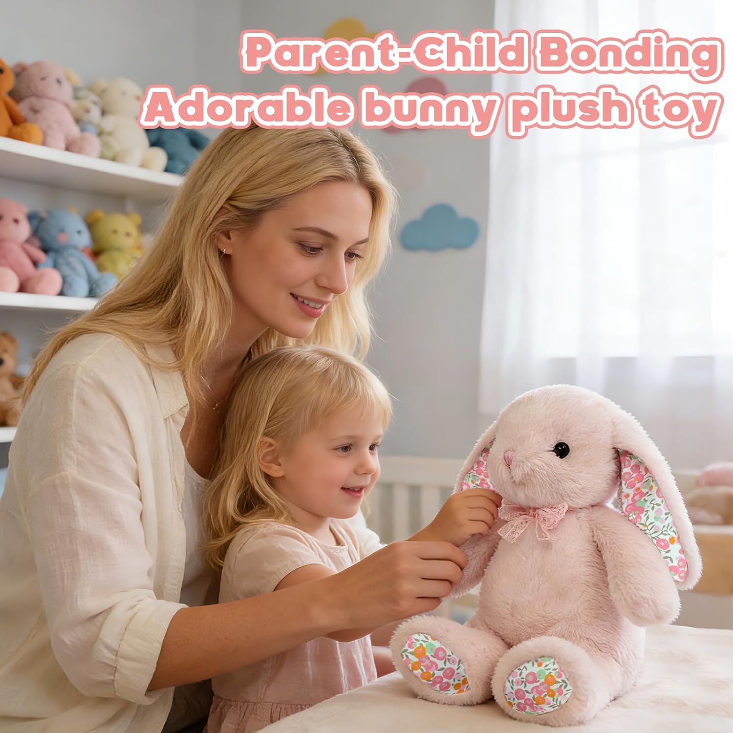 QUIRAI Easter Bunny Stuffed Animal - 14” Floral Bunny Plush with Weighted Bottom for Sitting, Cuddly Rabbit Stuffed Animal Adorable Easter Basket Stuffers for Girls Boys 14" 0.56 lbs Pink