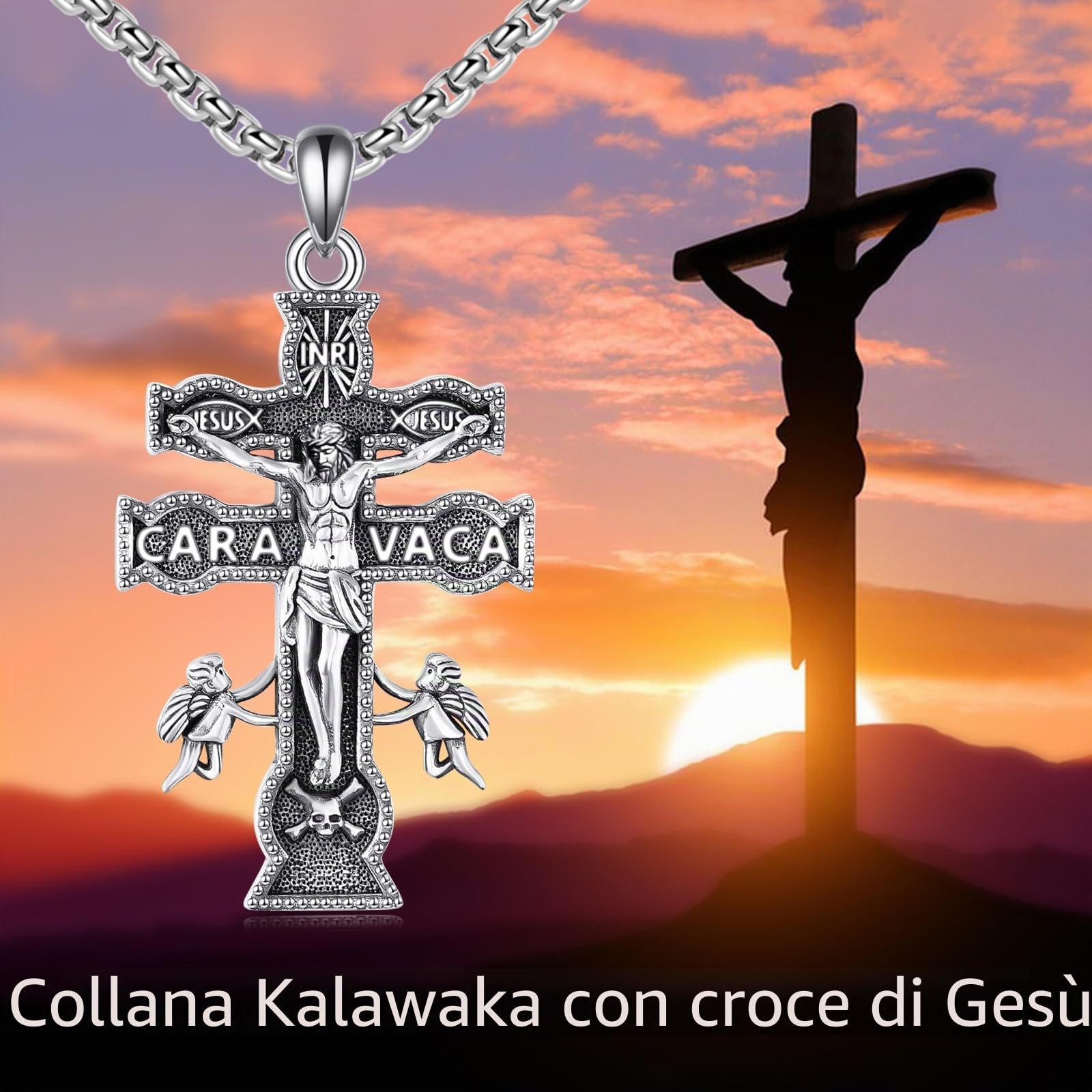 Vadmans Caravaca, collana in argento Sterling con ciondolo a forma di croce di Gesù, gioiello regalo per donne e uomini, Argento sterling, Nessuna pietra preziosa