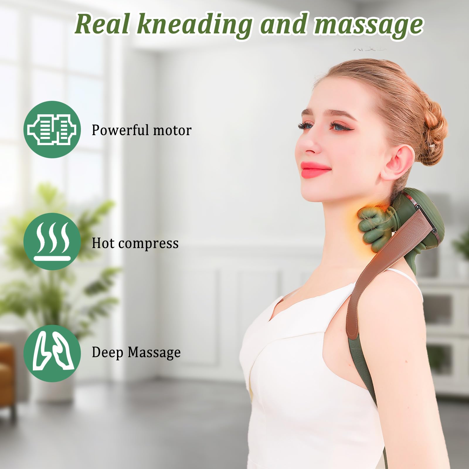 Masajeador de Cuello 4D Inalambrico, Masajeador Cervical y Espalda con Calor, Masajeador Cuello Eléctrico a Mano Biónica con 3 Niveles de Intensidad, para Relajar Músculos, Verde