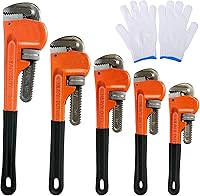 Zmwjyxx 5-Piece Heavy Duty Pipe Wrench Set 8" 10" 12" 14" 18" Chrome Vanadium Steel Adjustable Wrenches with Gloves for Plumbing Auto Repair