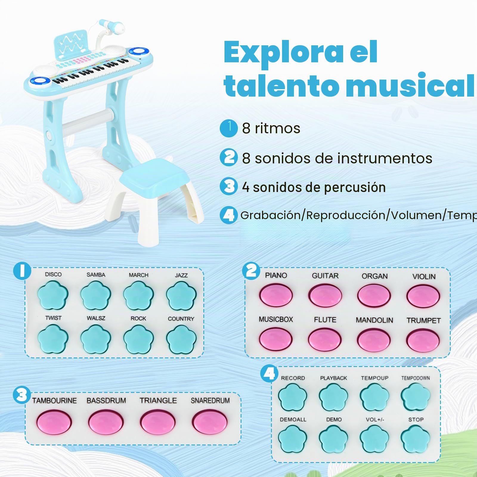 RELAX4LIFE Piano Infantil 37 Teclas con Micrófono, Soporte, Atril y Taburete, Piano Eléctrico con Función de Grabación, 8 Tonos, 8 Ritmos, USB/MP3 para Niños 18+ Meses, Juguetes Niños 1 Año (Azul)