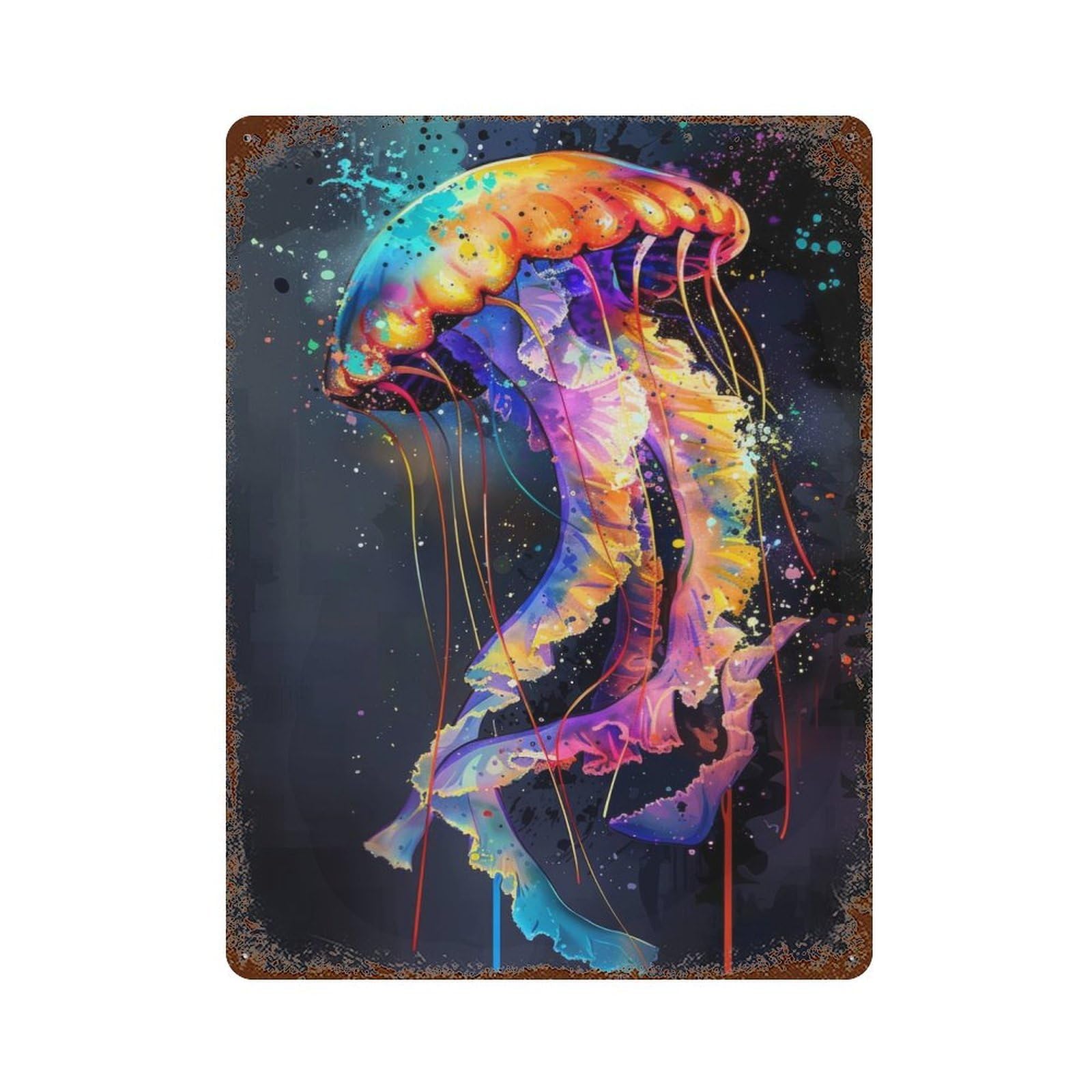 Jellyfish Popart Painting Vintage Wall Sign 15.7"x11.8", Rust Effect Metal Decor for Patio, Garden Room And Bar Decor