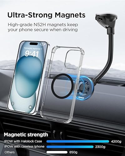 Miniatura 2 de IPOW Soporte magnético universal de brazo largo para parabrisas, soporte para teléfono celular compatible con MagSafe, brazo de ganso suave y firme