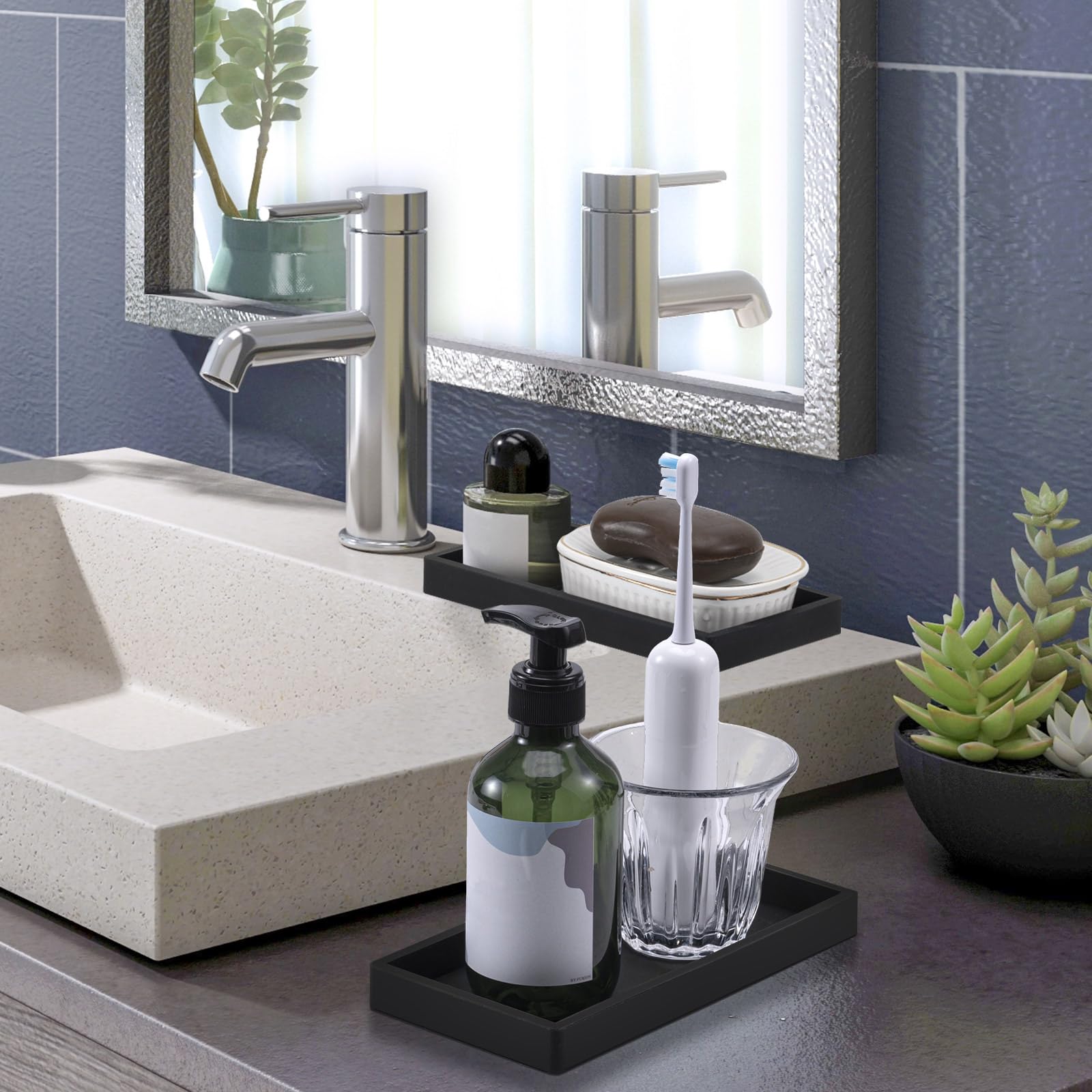 2 Vassoi Da Bagno In Silicone Nero - 20x10cm, Portaoggetti Per Cosmetici, Cucina O Bagno - Design Moderno - Foto 2