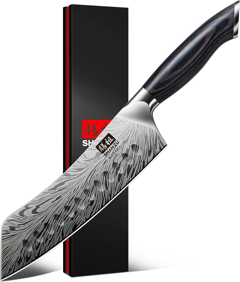 SHAN ZU Faca de chef de 18 cm em aço em pó, faca Santoku japonesa ultra afiada, facas de cozinha profissionais de alto carbono com cabo ergonômico Pakkawood, facas utilitárias para carne e vegetais