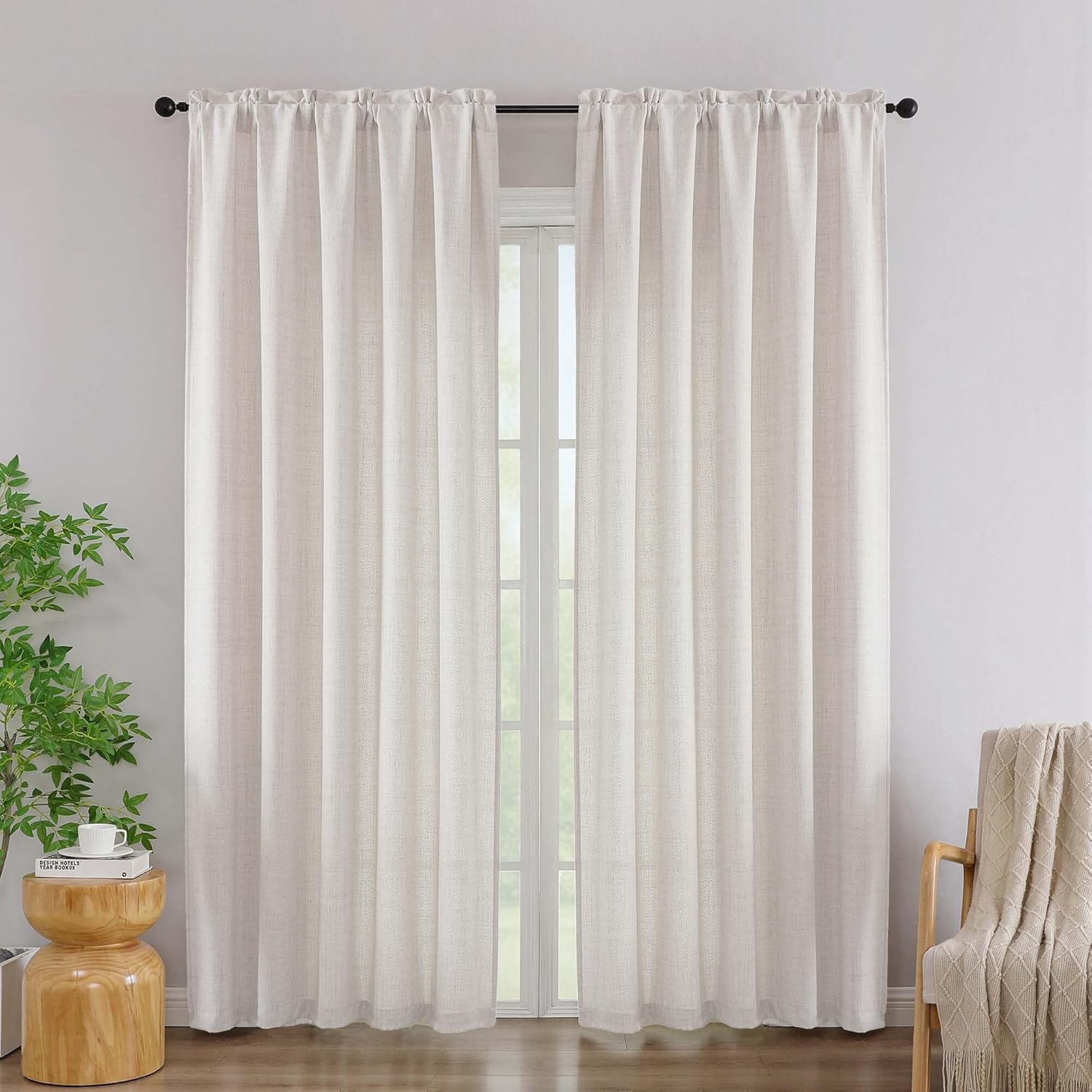 Simplebrand Natural Linen Curtains 84 Inch Length 2 Panels Set, Faux Linen Textured Semi Light Filtering Farmhouse Curtains & Drapes, Soft Slub Window Curtains for Living Room Bedroom, Each 52"Wx84"L