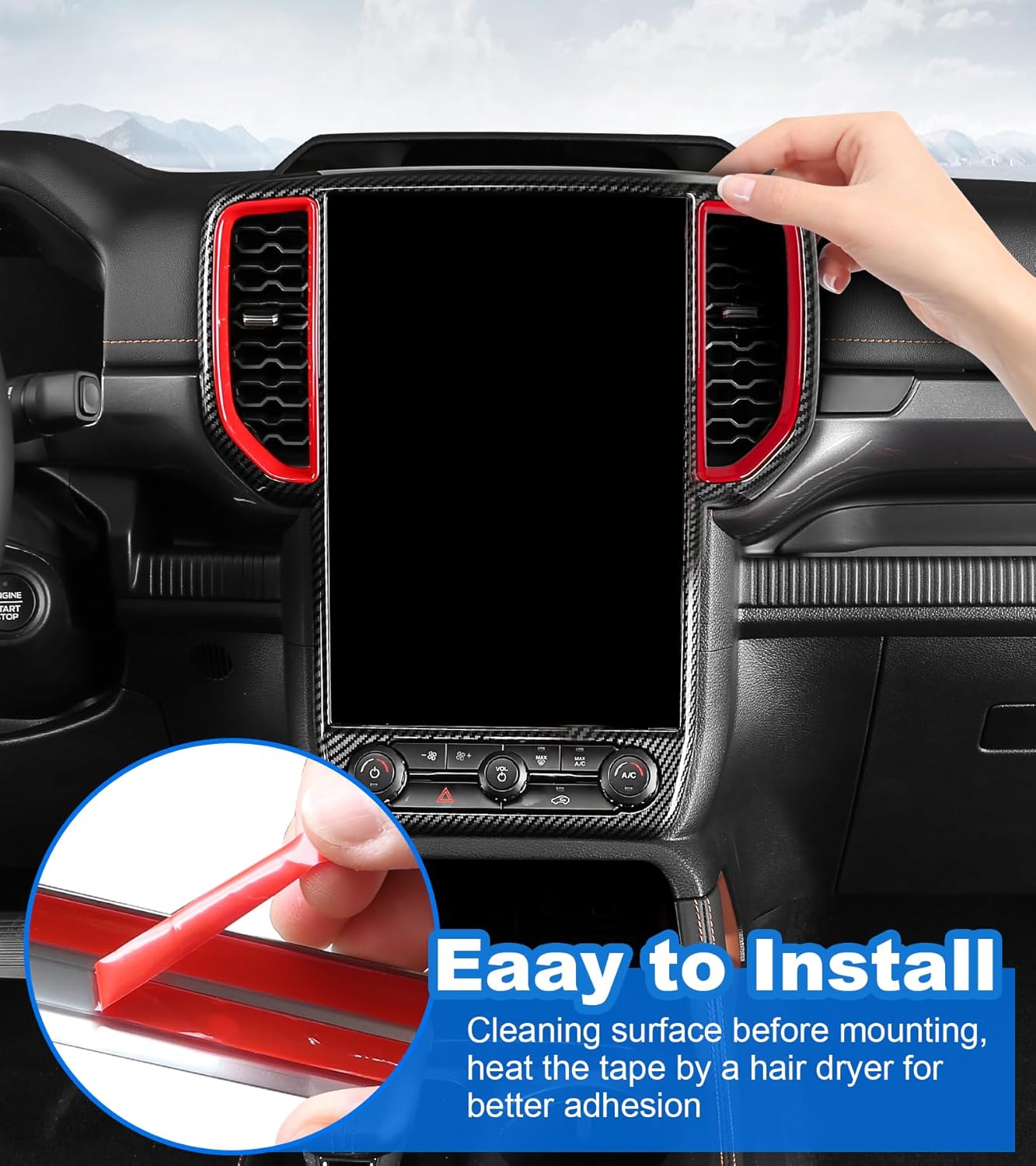 Center Console Cover Navigation Screen Panel Cover Trim Fit for 2024 2025 Ford Ranger XLT Lariat Raptor, Dashboard Frame GPS Screen Trim Center Console Display Cover Air Vent Cover(for 12 Inch Screen)