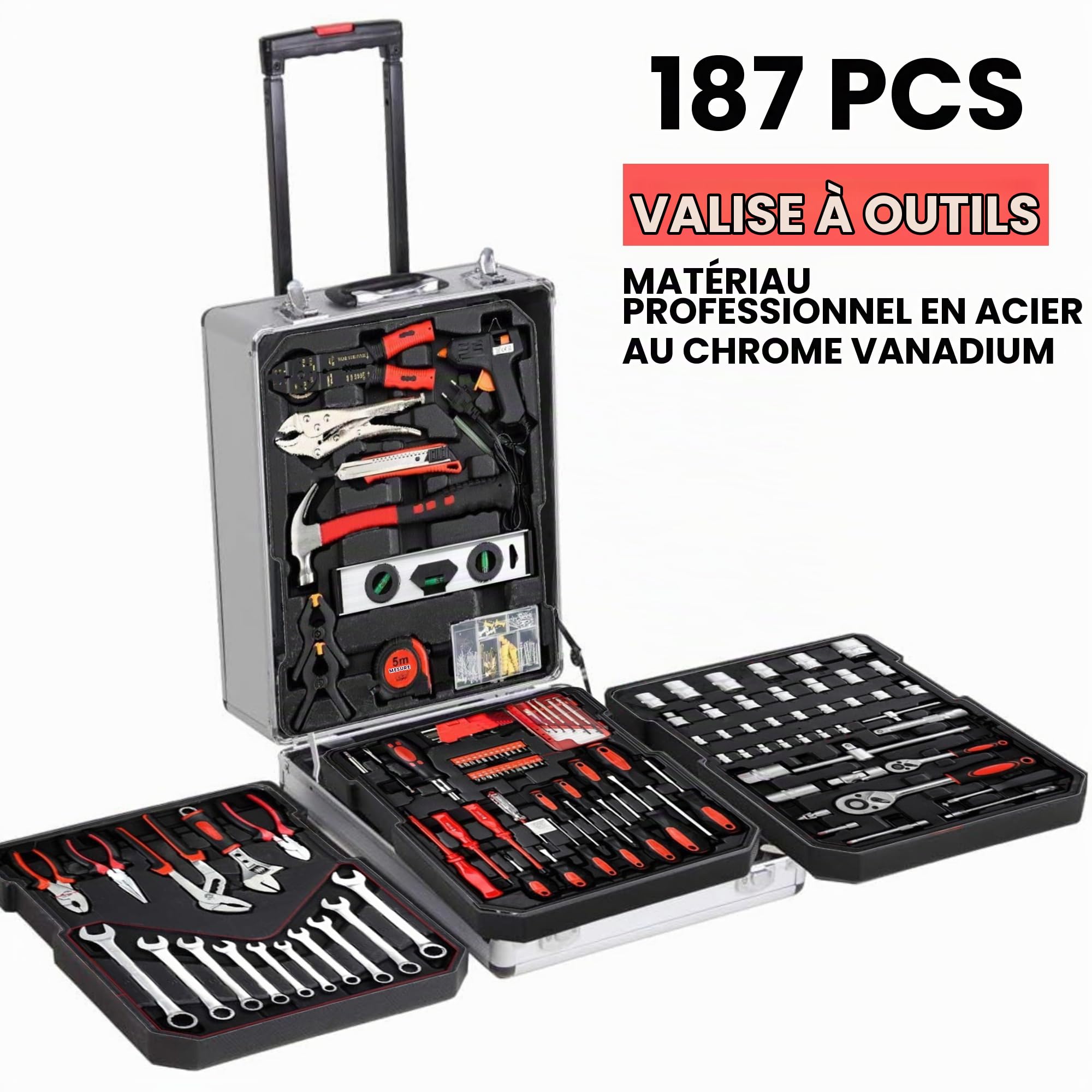 𝗠𝗮𝗹𝗹𝗲𝘁𝘁𝗲 𝗮 𝗢𝘂𝘁𝗶𝗹𝘀 𝟭𝟴𝟳 𝗣𝗖𝘀 𝗖𝗵𝗿𝗼𝗺𝗲 𝗩𝗮𝗻𝗮𝗱𝗶𝘂𝗺. Boite a Outils Complete avec Roulettes en Aluminium Étanche. Ensemble de Pièces de Réparation Manuelle.