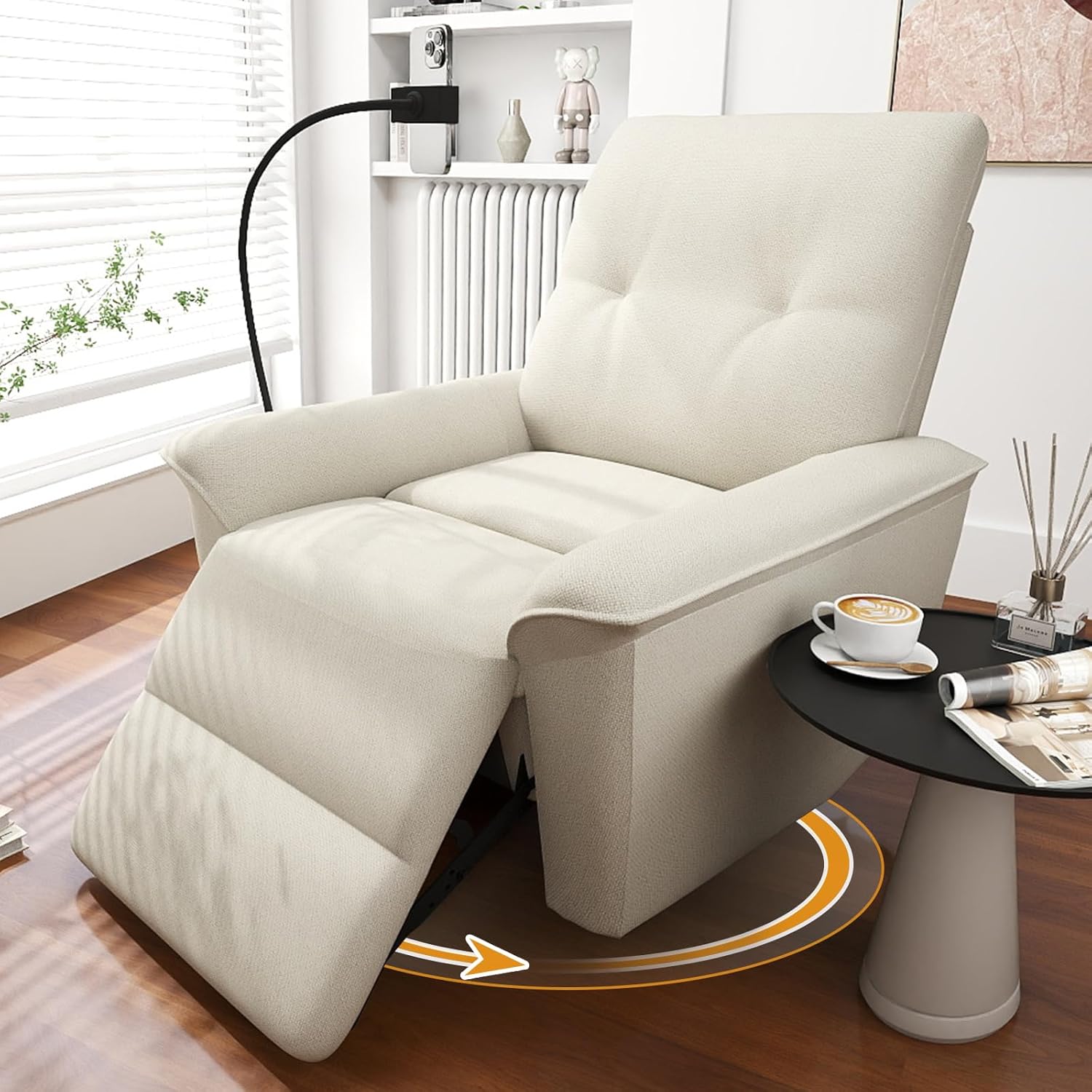 cinkehome Power Swivel Rocker Recliner, Electric Glider Recliner for Nursery with USB & Type-C and Phone Holder, Upholstered Rocking Recliner for Living Room, Nursery, Off-White