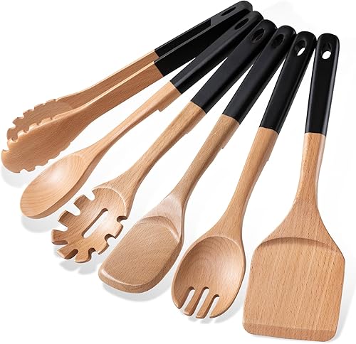 Cucharas de madera para cocinar, 6 utensilios de cocina de madera de haya natural con agujero para colgar, agarre suave, esenciales de cocina, color