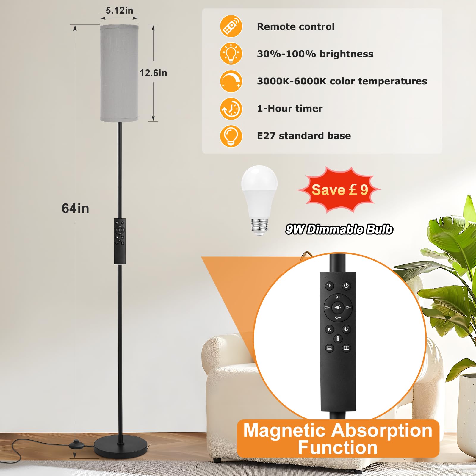 Lampy podłogowe do salonu, 64-calowa nowoczesna lampa podłogowa z pilotem i płynną regulacją temperatury i jasności kolorów, lampy stojące do salonu, sypialni, biura (żarówka 9 W w zestawie)