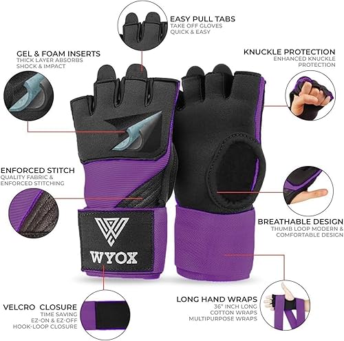 Miniatura 2 de WYOX Guantes interiores de boxeo de gel para hombres y mujeres, correas de muñeca rápidas de 31.5 in, protección acolchada para nudillos para Muay