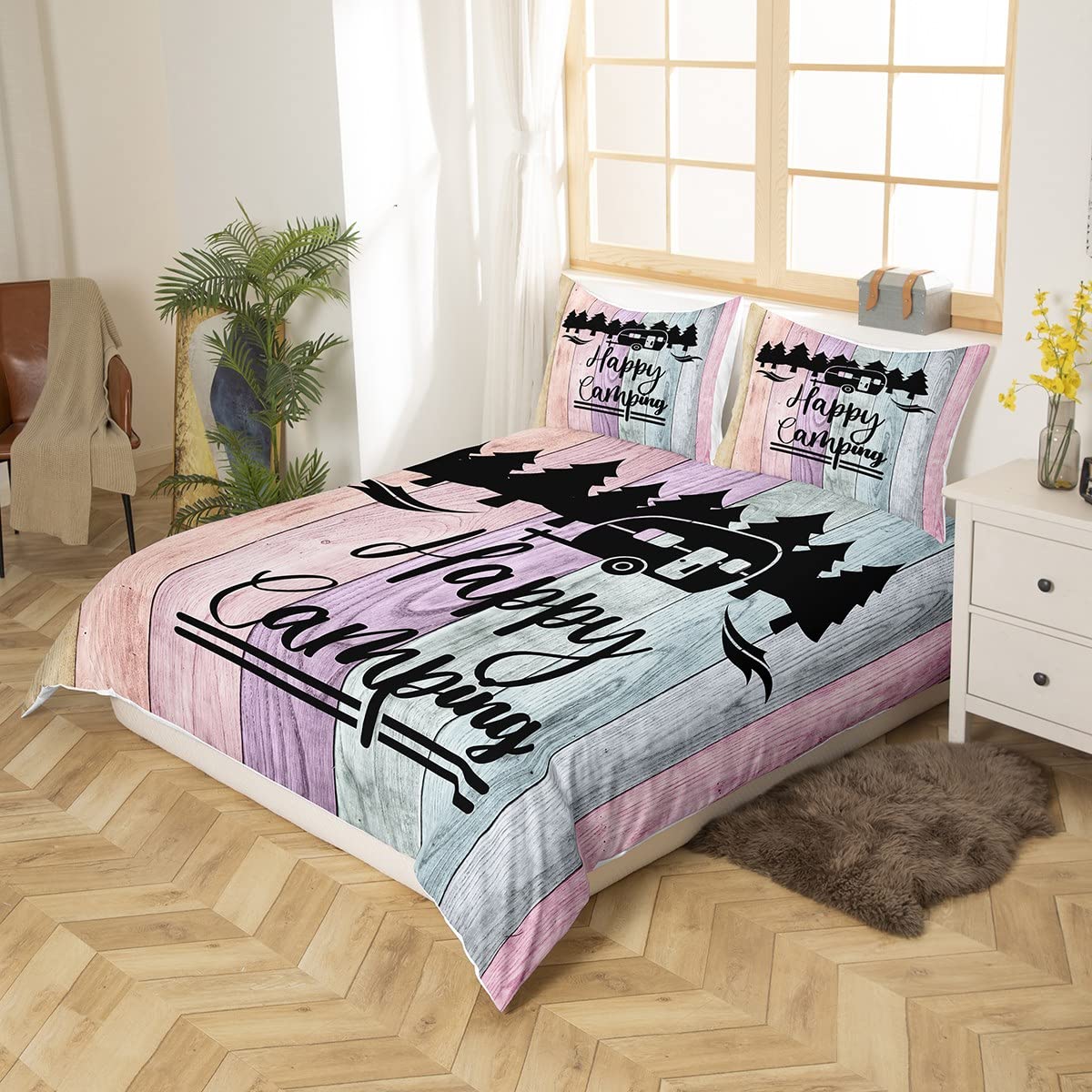 Happy Camping Bettwäsche 2-teilig 135 x 200 cm für Jungen Kinder Teenager Erwachsene Camper Bettbezug Vintage Alte Scheunentor Bettdecke Camping Bettwäsche-Set rustikale Bettset im Landhausstil