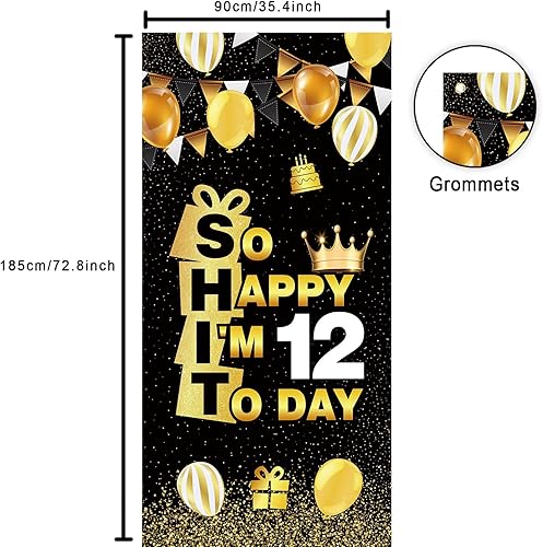 Miniatura 2 de So Happy I'M 12 Today - Pancarta de fondo de oro negro con corona de hallo duodécimo saludo a 12 años de edad, decoración temática para hombre y