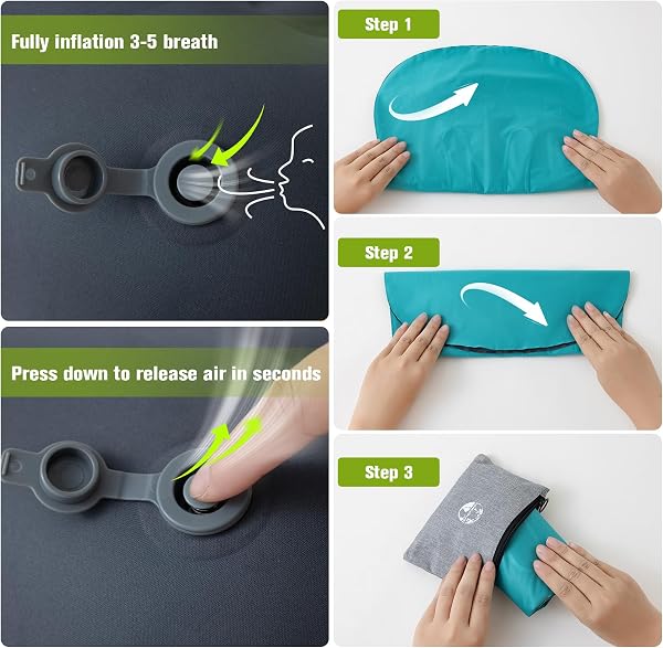 JetsCush Cuscino da Campeggio Leggero e Compatto, Gonfiabile Mare e Cuscino Spiaggia da Viaggio con Supporto Ergonomico, Campeggio Accessori, Accessori Viaggio e Trekking (Turchese) - 5