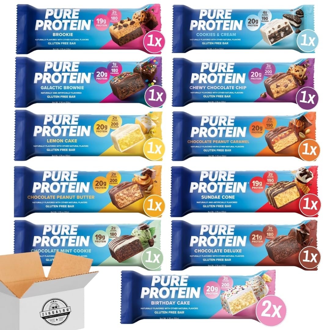 ZIGGALOU® Variety Gift Basket Assortment of Pure Protein Bars - 11 Flavors (12 Count), Gluten Free, Low Sugar