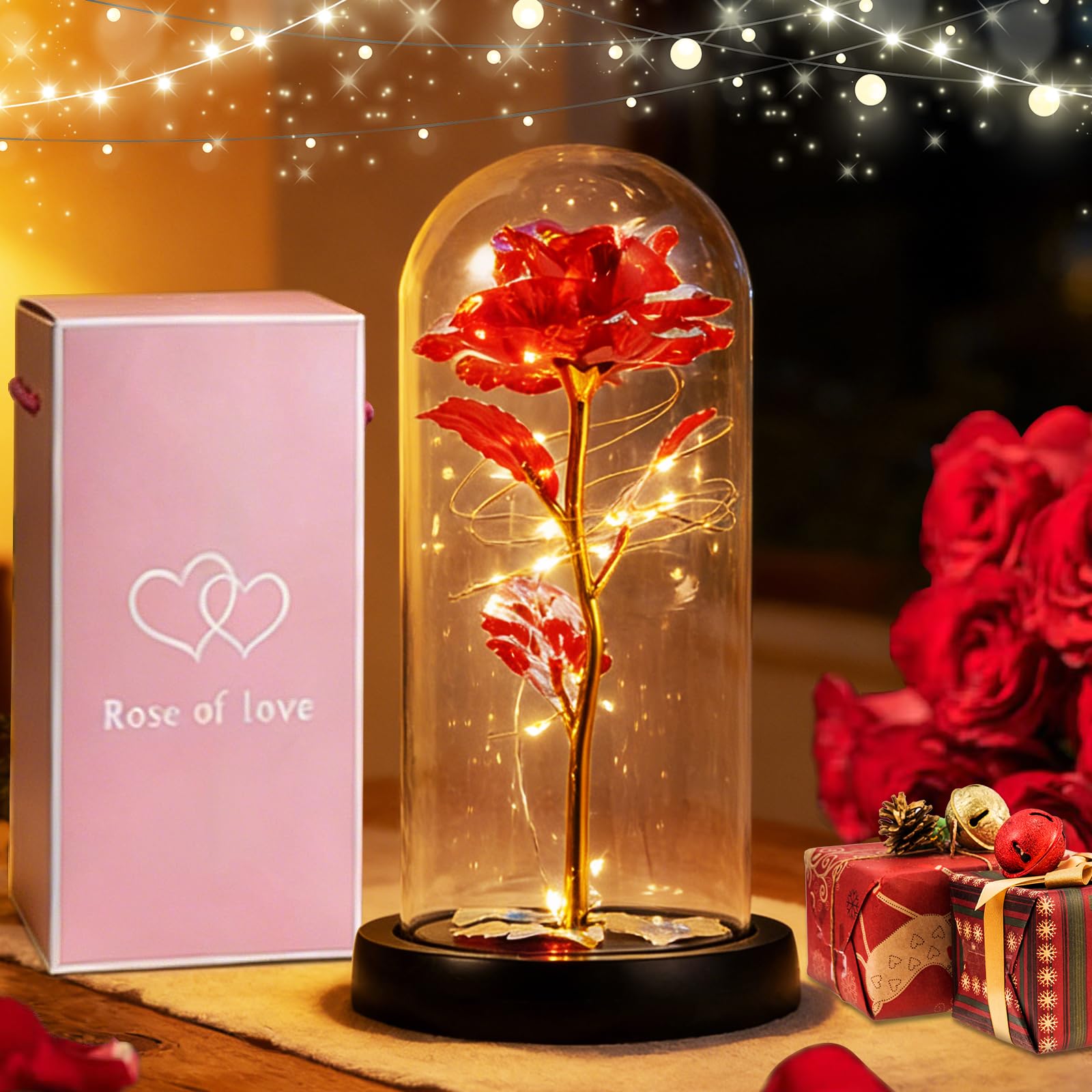 Eidoct Women's Red Rose Gift Box, Illuminated Preserved Flower Gift, Valentine's Day Decorative Gifts, Glass Dome With String Lights, Eternal Rose For Mothers, Girlfriends, Wives, And Friends (Red)
