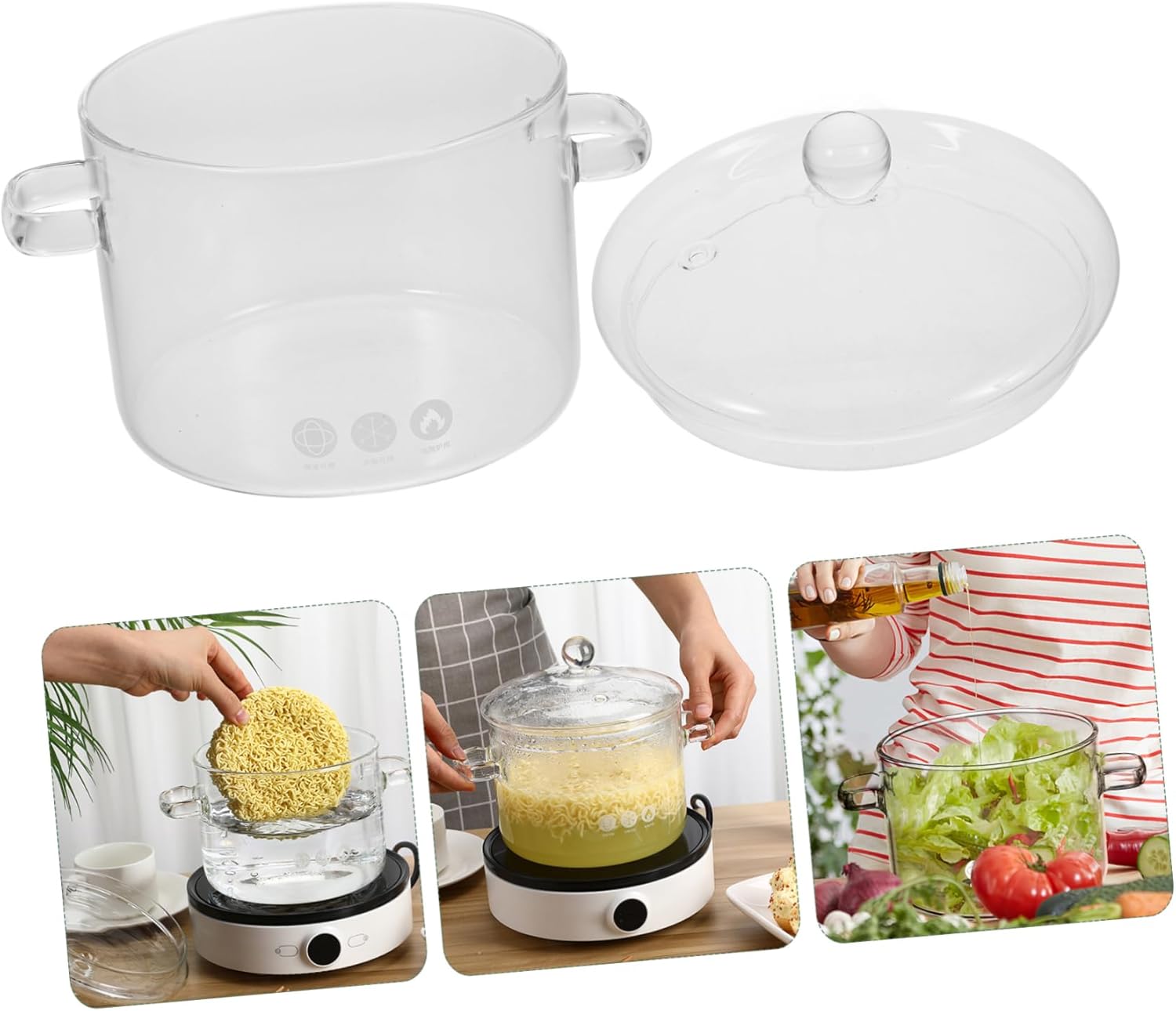 2pcs Borosilicate Glass Stew Pot with Lid - Kitchen Cookware for Soup Noodles Food Clear Cooking Pots for Home Use Capacity Each