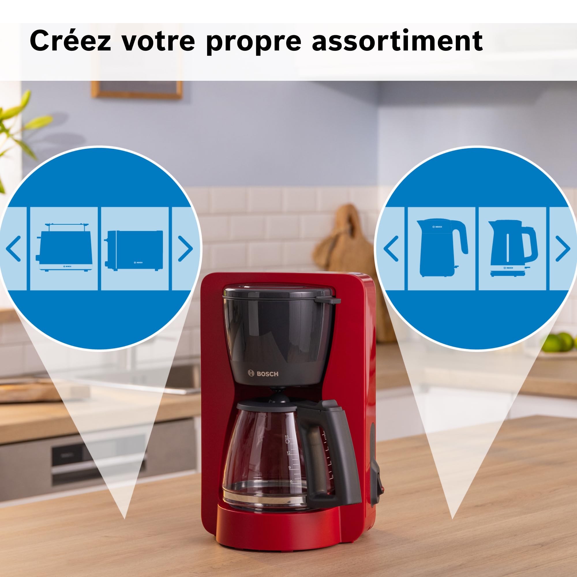 Bosch, machine à café filtre, MyMoment, réservoir d'eau amovible, carafe en verre, arrêt automatique, fonction Anti-Goutte, maintien au chaud 40 minutes, rouge foncé, TKA2M114