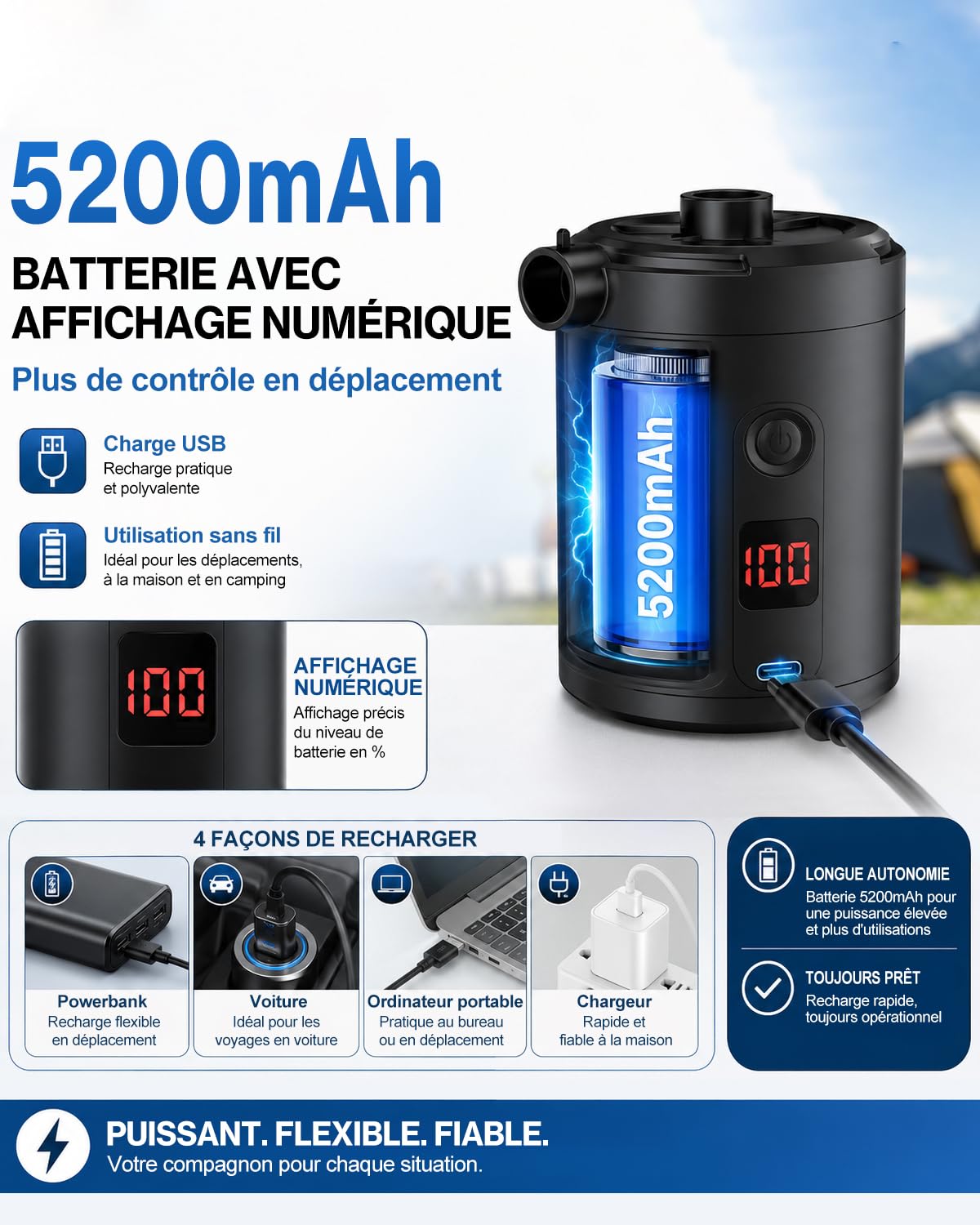 Pompe à Air Électrique Rechargeable 5200 mAh 280 L/Min avec Écran Numérique, Gonfleur Rapide Portable pour Matelas et Piscine