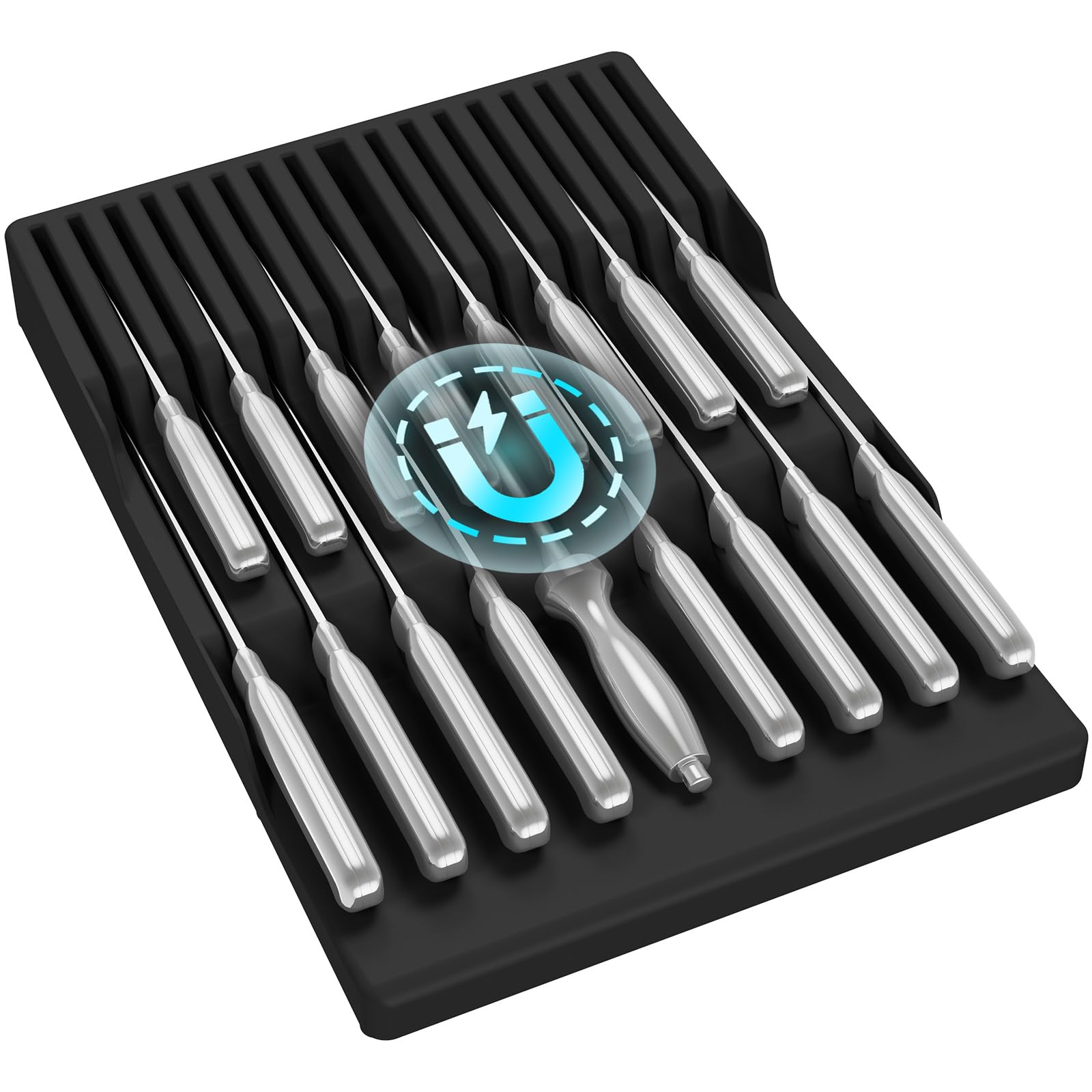 Lifewit Magnetischer Messerhalter Schublade für 16 Messer, Messer Organizer mit Rutschfestem Boden, Messerblock leer aus Kunststoff, Großer Messereinsatz Schubladeneinsatz, 42 x 29.5 x 5 CM, Schwarz