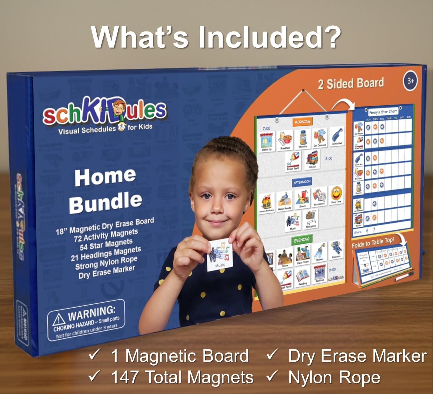 SchKIDules Magnetic Visual Schedule & Reward Chart for Home w/129 Colorful Magnets & 2-Sided 18” Folding Board; for Daily Routines, Chores, Behavioral Supports, Kids Calendar, ADHD & Autism Tools