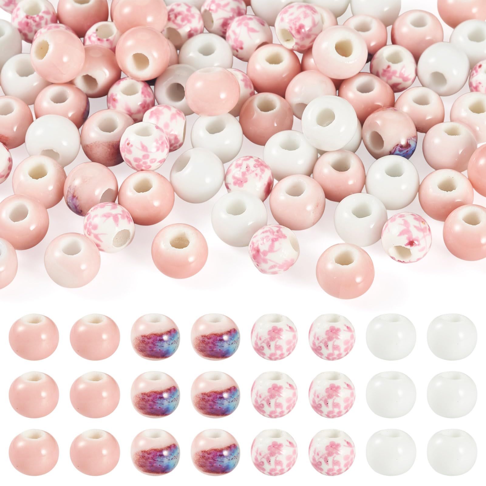 Cheriswelry 80Pcs Round Ceramic Beads 6mm Flower Printed Handmade Porcelain Beads Glazed Loose Spacer Bead for DIY Jewelry Making Necklace DIY Craft Projects