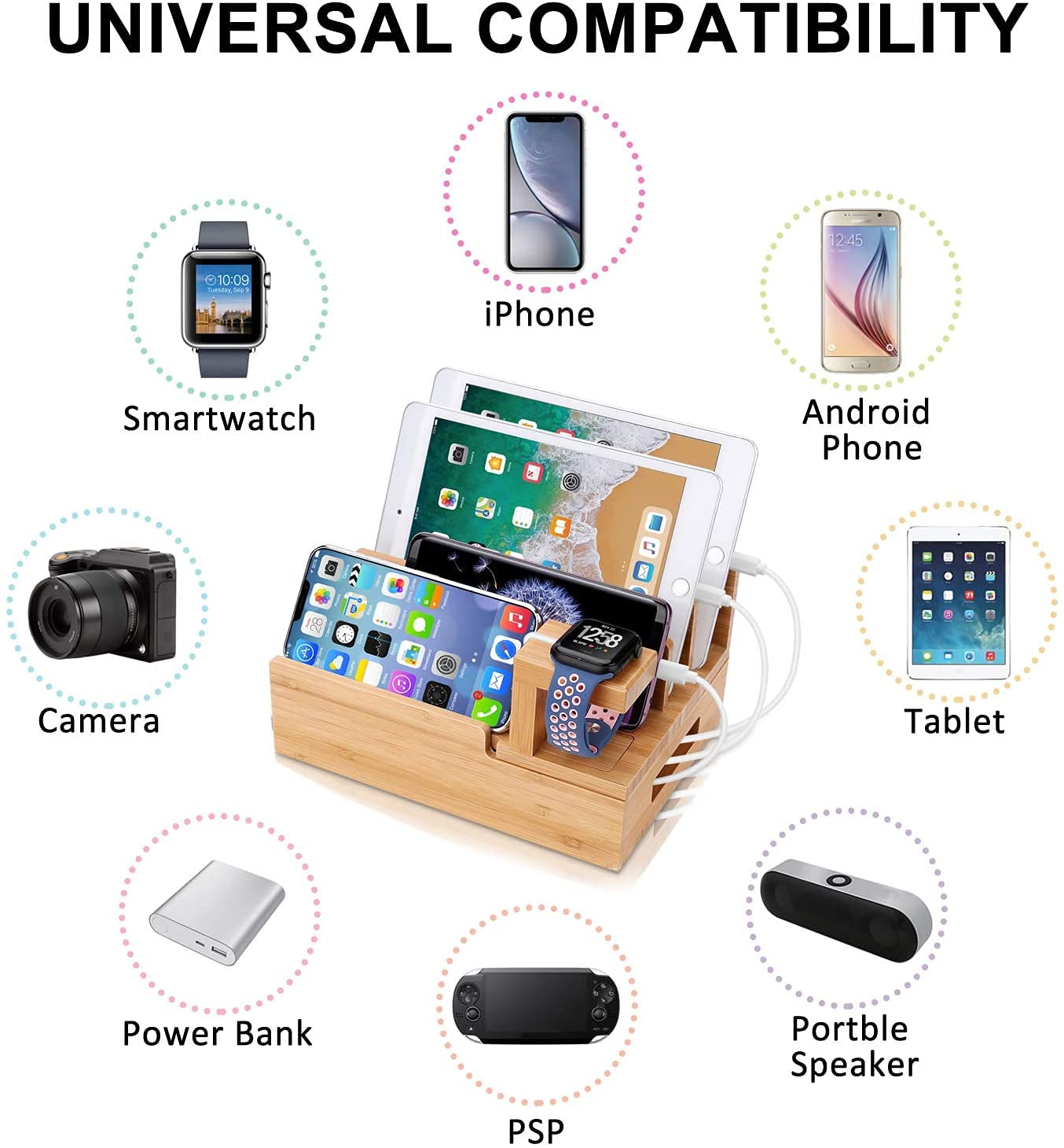 Multifunctioneel 6-poorts bamboe laadstation voor tablet, telefoon, mobiele telefoon (geen USB-oplader