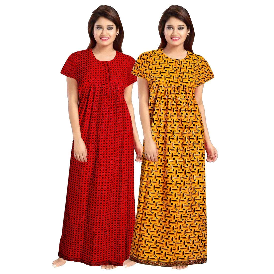 AALIT Nighty for Women Cotton Printed Maxi Gown Ankle Length Nighty Night Dress Gown for Women Maxi - Free Size (Pack of 2) (Free Size, Red Yellow)-image-35