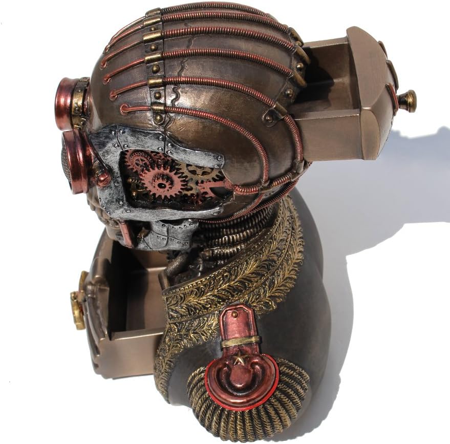 Steampunk Skull Band Uniform Bust Trinket Box, Cold Cast Bronze, 7.25 Inch Tall